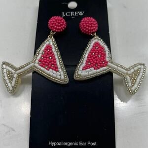 J. Crew Pink & White Martini Cocktail Glass Beaded Lightweight Party Earrings